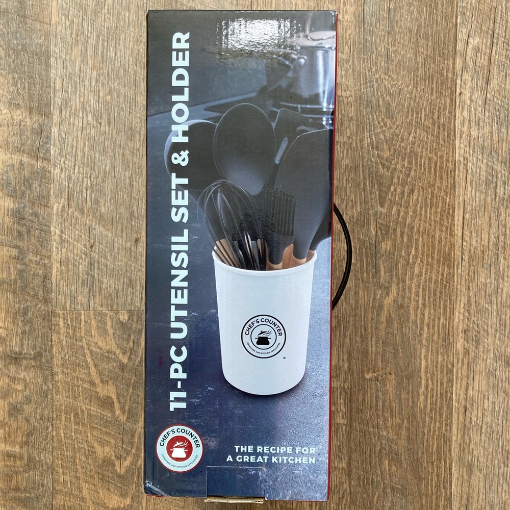 NEW | Chefs Counter 11 Piece Silicone & Wood Handle Utensil Set & Crock Holder